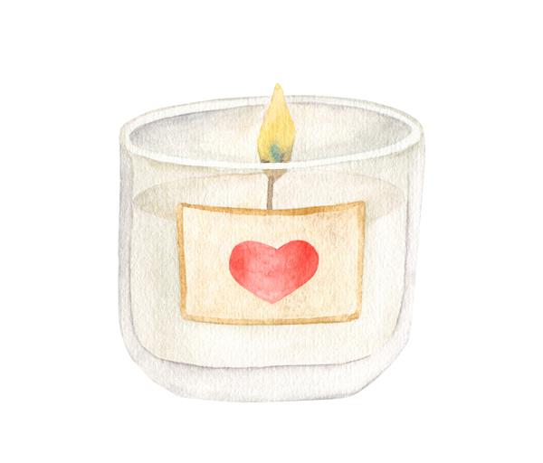 شمع آبرنگ در تصویر شیشه ای عنصر دکور خانه عاشقانه زیبا با دست نقاشی شده روی پس زمینه سفید طراحی شمع برای روز ولنتاین کریسمس آبگرم کلیپرت داخلی دنج