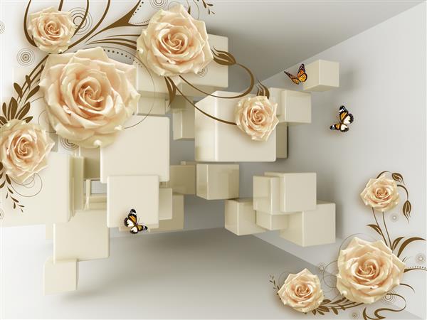 کاغذ دیواری سه بعدی با پس زمینه روشن از گل رز و پروانه