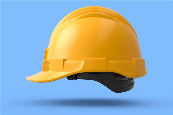 کلاه ایمنی زرد یا کلاه سخت جدا شده در پس زمینه آبی رندر سه بعدی و تصویر سازی هدگیر و ابزار دستی