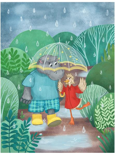 تصویر دیجیتال کودکانه با اسب آبی و اردک شخصیت های کارتونی زیبا در یک روز بارانی زیر یک چتر شفاف راه می روند دوستان در حال پیاده روی در پارک