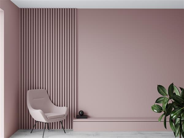 اتاق نشیمن ظریف با صندلی راحتی و کابینت رنگ پاستلی صورتی از ماکت‌های خالی دیوارها و مبلمان اتاق دختر رندر سه بعدی