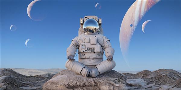 فضانورد در حال مدیتیشن روی سطح یک سیاره بیگانه رندر فضایی سه بعدی