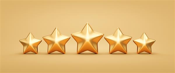 نماد ستاره رتبه بندی پنج طلایی خدمات بررسی رضایت مشتری بهترین کیفیت رتبه بندی نماد یا علامت موفقیت بازخورد درخشان و نرخ ارزیابی محصول در پس زمینه طلایی 3D با عالی