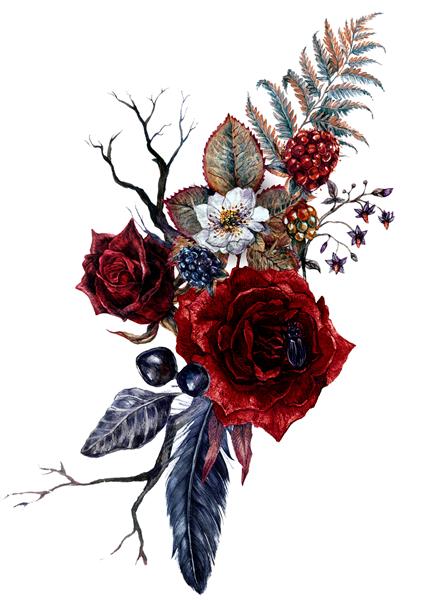 چیدمان گوتیک گلدار آبرنگ جدا شده روی زمینه سفید تصویر گیاه شناسی هالووین به سبک قدیمی دکوراسیون عروسی تیره گوتیک دسته گل رز قرمز پر سرخس