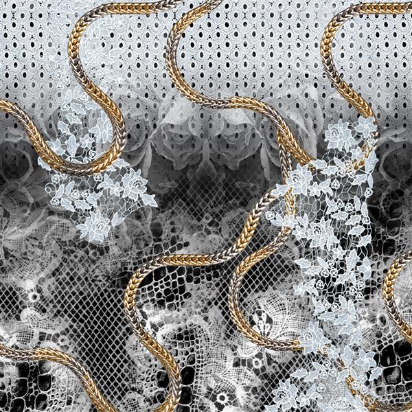 زنجیر طلایی با گل های گلدوزی روی پس زمینه توری مخلوط آماده برای چاپ پارچه