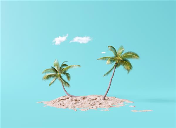 درختان نارگیل با ماسه ساحل در پس زمینه آبی مفهوم تابستان رندر سه بعدی