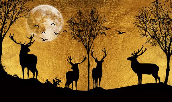 نقاشی مدرن از 3 گوزن در جنگل بافت سبک شرقی بوم خاکستری و طلایی با الگوی انتزاعی مجموعه هنرمند نقاشی حیوانات برای دکوراسیون و داخلی هنر بوم