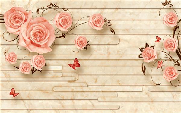 پس زمینه سه بعدی مرمر با گل های رز زیبا و پروانه ها طراحی برای کاغذ دیواری نقاشی دیواری و غیره