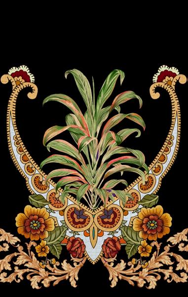 طرح نساجی دیجیتال موتیف گل گیاه شناسی زیورآلات باروک کلاسیک مشکی گوشه الگوی یکپارچهسازی با سیستمعامل به سبک عتیقه آکانتوس پس زمینه گل راهنمای تصویرسازی چاپ پارچه