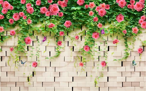 دیوار آجری سه بعدی با گل های رز زیبا و برگ های سبز طراحی برای کاغذ دیواری نقاشی دیواری و غیره