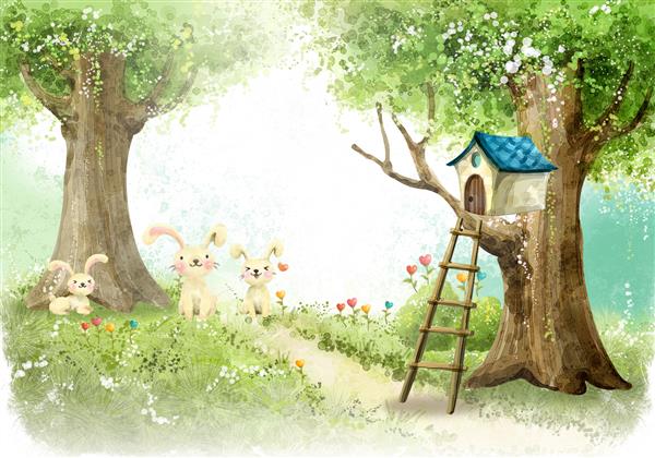 خرگوش های زیبا با کلبه ای زیبا در جنگل برای کاغذ دیواری اتاق کودک کاغذ دیواری مهد کودک دکور بنرهای وب پوستر و غیره