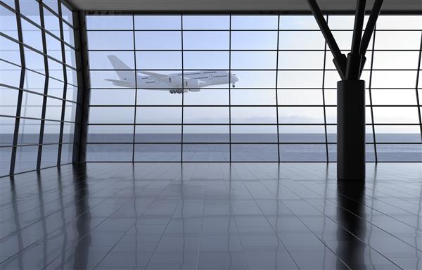 ترمینال مسافربری فرودگاه مدرن فضای داخلی سالن خالی با پنجره های سرامیکی از کف تا سقف و پس زمینه منظره