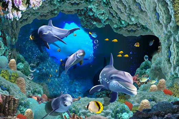 دلفین ها در غار سه بعدی بستر دریا