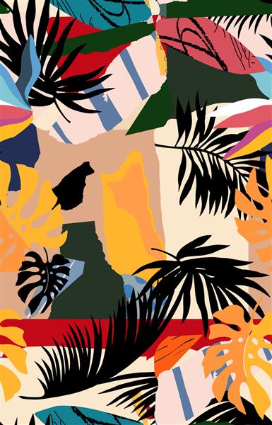 برگ ها و گل های استوایی آبرنگ با الگوی بدون درز کانتور هیولاهای آبرنگ برگ های نخل پرنده بهشتی با پس زمینه حداقل عناصر تصویر نقاشی شده با دست برای طراحی تابستانی