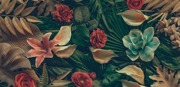 الگوی خلاقانه ساخته شده از گل و برگ طرح مفهومی تخت کارت پستال گلهای طبیعت گلهای رنگارنگ فضای پس زمینه برای متن طرح دکور طبیعت مرسوم مد روز
