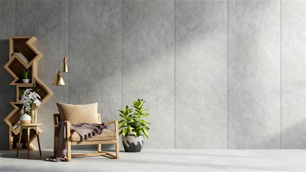 فضای داخلی اتاق نشیمن به سبک لفت با صندلی قهوه ای روی پس زمینه دیوار بتنی خالی رندر سه بعدی