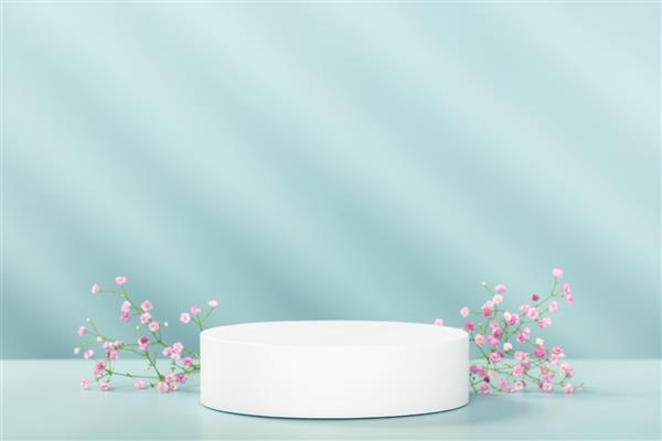 سکوی سفید خالی انتزاعی با سایه های هندسی و گل های صورتی در پس زمینه آبی استند ماکت برای ارائه محصول رندر سه بعدی مفهوم حداقلی قالب تبلیغاتی
