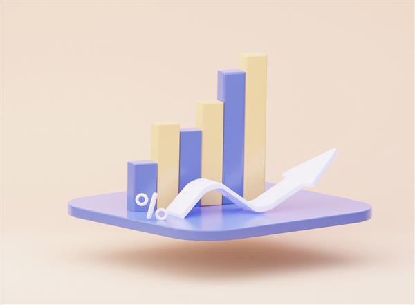 نمودار سه بعدی تجزیه و تحلیل رشد با یک فلش سفید که نشان دهنده رشد است مفهوم بازاریابی و استراتژی کسب و کار رندر سه بعدی