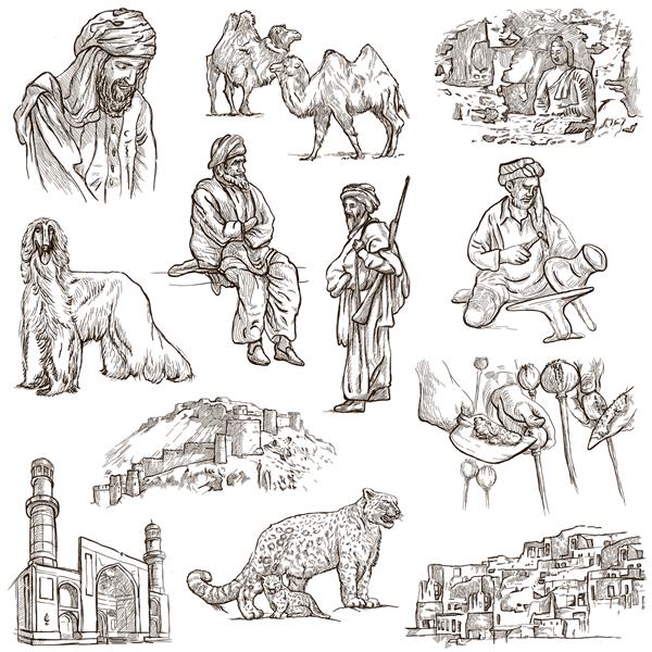 سری مسافرتی افغانستان - مجموعه شماره 1 نقاشی های دستی توضیحات تصاویر طراحی شده با دست در اندازه کامل که روی سفید طراحی شده اند ایزوله