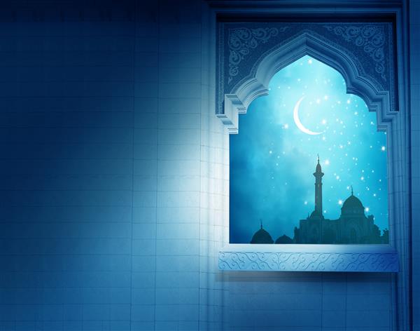 پس زمینه رمضان کریم پنجره مسجد با هلال براق