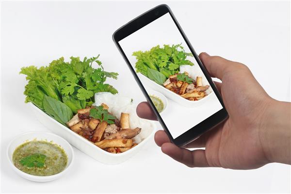 دوستی که از تلفن هوشمند برای عکس گرفتن با توفو سرخ شده و سبزیجات مخلوط برای اشتراک گذاری در شبکه اجتماعی استفاده می کند