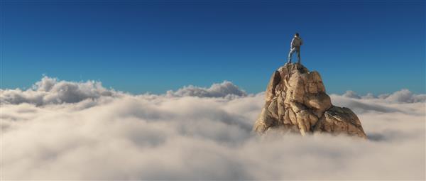 مردی که روی صخره سنگی بر فراز ابرها ایستاده است مفهوم موفقیت این یک تصویر رندر سه بعدی است