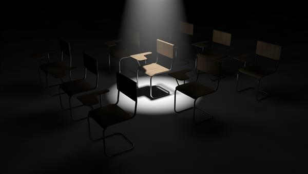 تصویر سه بعدی از صندلی های کلاس درس ساده یک صندلی زیر نور