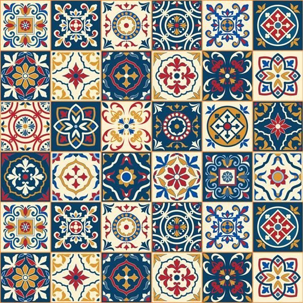 الگوی بدون درز زرق و برق دار سفید رنگارنگ مراکشی کاشی های پرتغالی آزولخو زیور آلات قابل استفاده برای کاغذ دیواری پر کردن الگو پس‌زمینه صفحه وب بافت‌های سطحی