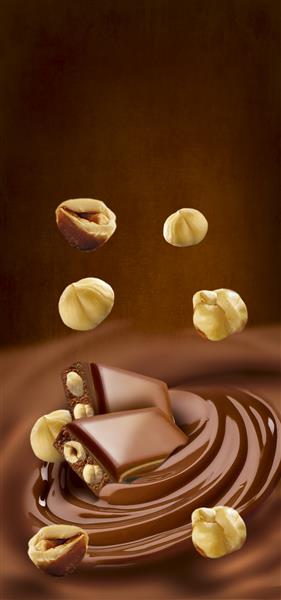 شکلات ذوب شده در خامه در پس زمینه آماده برای طراحی بسته بندی انگیزه عمودی طعم فندق خوش طعم