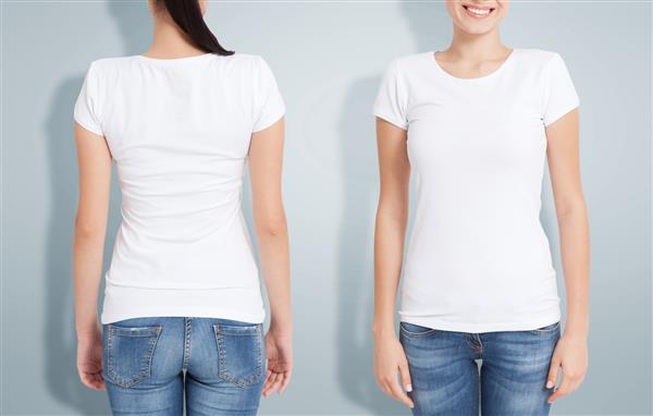 طراحی تی شرت و مفهوم افراد - نمای نزدیک از زن جوان با پیراهن سفید خالی جلو و عقب جدا شده است الگوی ماکت برای چاپ طرح