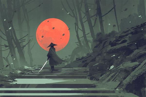 سامورایی ایستاده روی پلکان در جنگل شب با ماه قرمز در پس زمینه نقاشی تصویر