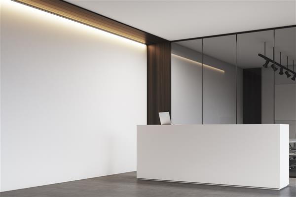 نمای جانبی لابی اداری جدید با عناصر دکوراسیون چوبی پیشخوان پذیرایی سفید و شیک دفتری با دیوارهای شیشه ای تمیز و روشن رندر سه بعدی مدل آزمایشگاهی ماکت