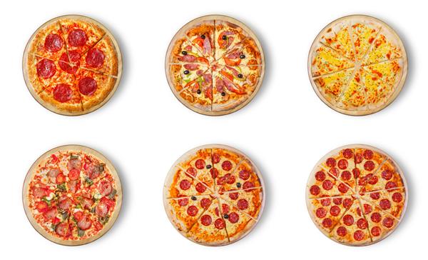 شش ست پیتزای مختلف برای منو پیتزا با سالامی پیتزا با موزارلا سالامی سوسیس پیتزا چهار پنیر پپرونی و ژامبون دو نوع آخر پپرونی