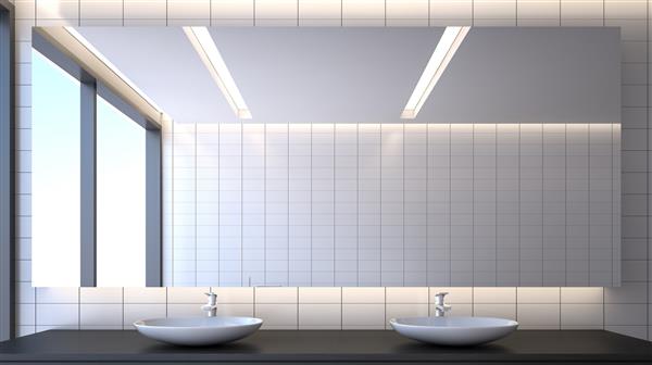 اتاق توالت با حوضچه های سرامیکی و آینه رندر سه بعدی
