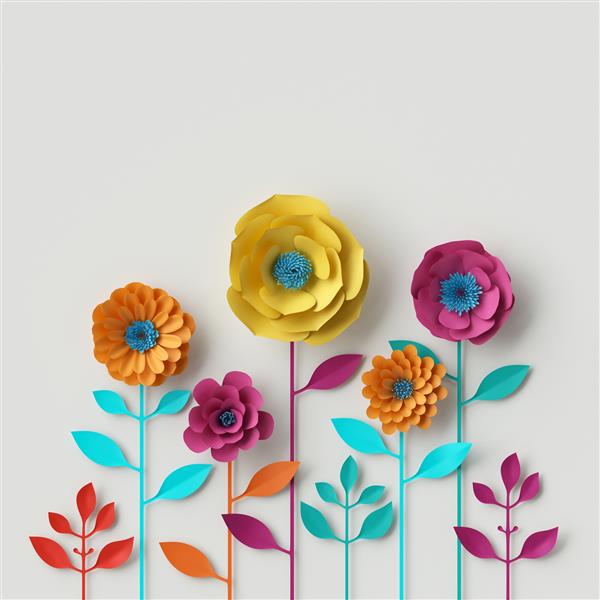 رندر سه بعدی تصویر دیجیتال گل های کاغذی رنگارنگ انتزاعی کاردستی کویلینگ دکوراسیون جشن دست ساز پس زمینه گل های زنده صورتی نعنایی زرد