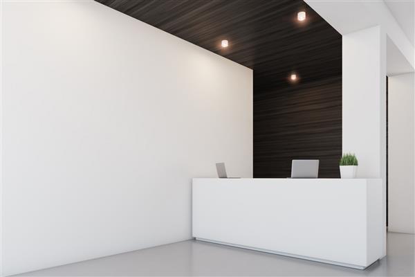 نمای جانبی یک میز پذیرش ایستاده در یک دفتر با عناصر دیوار چوبی تیره رندر سه بعدی ماکت