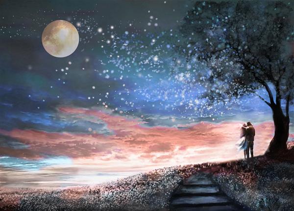 تصویر فانتزی با آسمان شب و راه شیری ستارگان ماه زن و مرد زیر درختی که به چشم انداز فضا نگاه می کنند چمنزار و پله های گل رنگ آمیزی