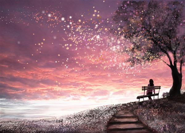 تصویر فانتزی با آسمان زیبا ستاره دختری روی نیمکتی زیر یک درخت نشسته است و به غروب آفتاب منظره زیبا نگاه می کند رنگ آمیزی چمنزار و پله های گل