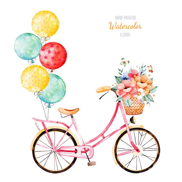 مجموعه گل های زیبا دوچرخه با دسته گل در سبد و بادکنک های رنگارنگ تصویری زیبا برای طراحی شما ایده آل برای عروسی دعوت نامه وبلاگ کارت قالب تولد کارت نوزاد الگوها