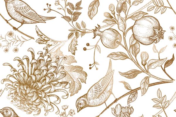 گل های داوودی ژاپنی انار شاخه ها برگ ها و پرندگان قدیمی الگوی بدون درز تصویر برای پارچه کاغذ کیف تلفن بسته بندی هدیه منسوجات طراحی داخلی جلد