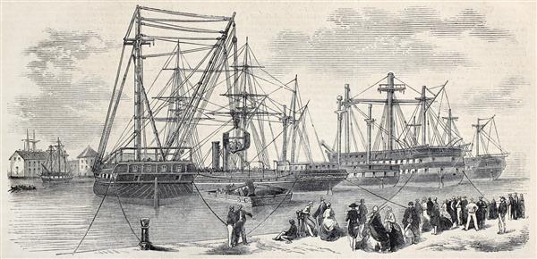 تصویر عتیقه بارگیری کشتی هایی که از تولون به سمت چین حرکت می کنند اصل از طراحی Lebreton پس از طرح Cecco در LIllustration Journal Universel پاریس 1860 منتشر شد