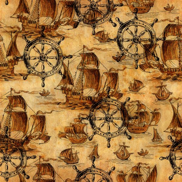 بافت بی‌نظیر دریا کاغذدیواری با موضوع دریایی با قایق‌های بادبانی قدیمی فرمان و کاغذ قدیمی طراحی شده است