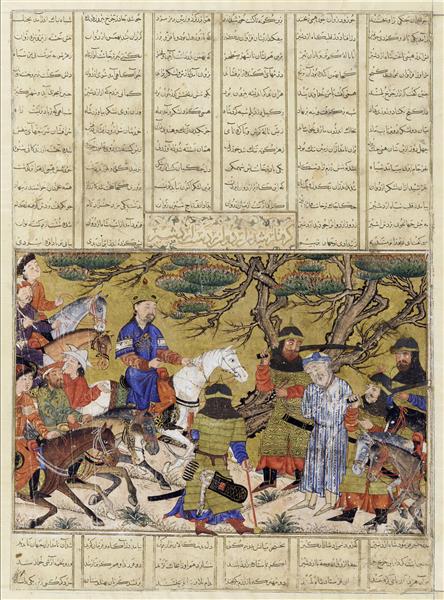 گرفتار شدن اردوان بر دست اردشیر برگ مصور از شاهنامه دموت