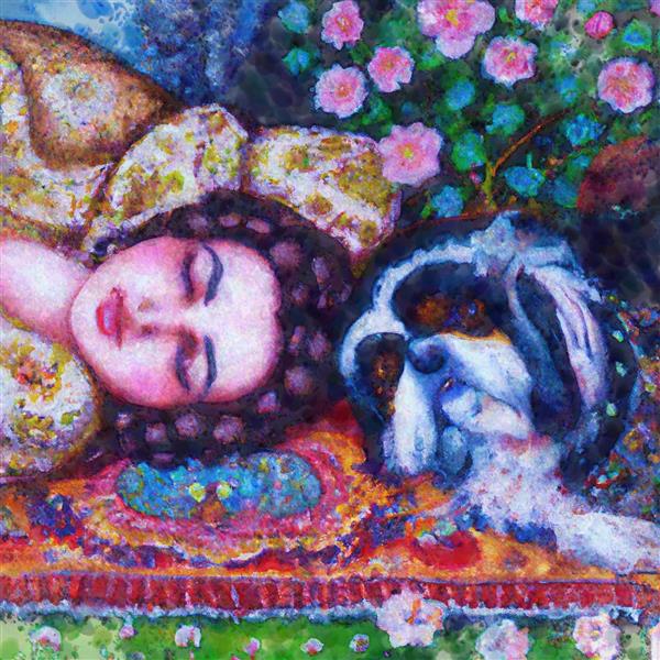نقاشی دختر زیبای غمگین عاشق در انتظار معشوق در کنار سگ