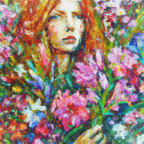 نقاشی دختر زیبای غمگین عاشق در انتظار معشوق در کنار گلها