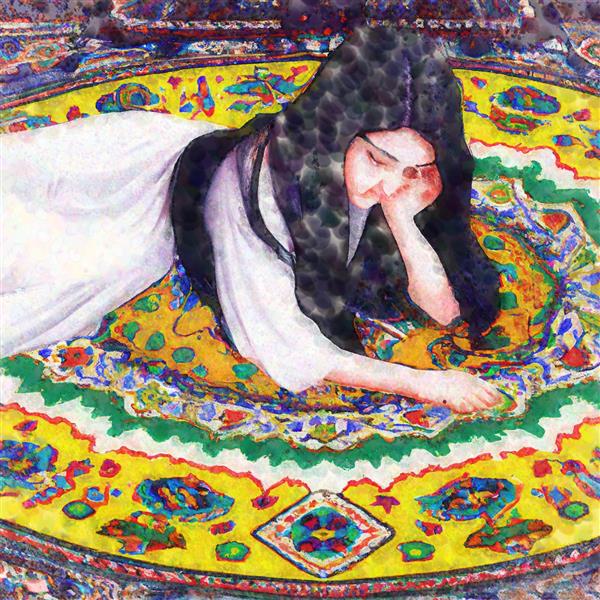 نقاشی دختر زیبای غمگین عاشق با چشمانی بسته در انتظار معشوق در زمینه فرش ایرانی