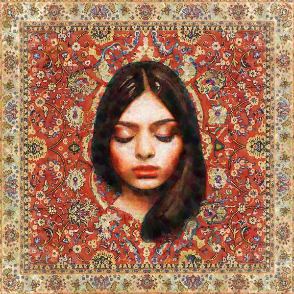نقاشی دختر زیبای غمگین عاشق با چشمانی بسته در انتظار معشوق در زمینه فرش ایرانی