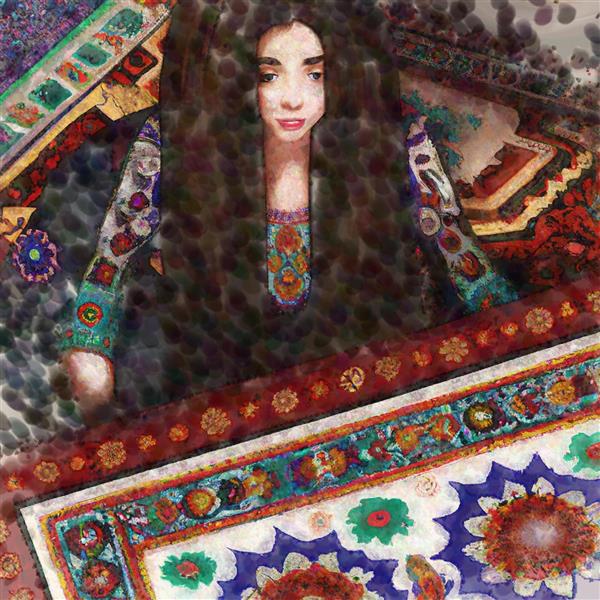 نقاشی دختر زیبای غمگین عاشق با چشمانی نافذ در انتظار بر روی فرش ایرانی