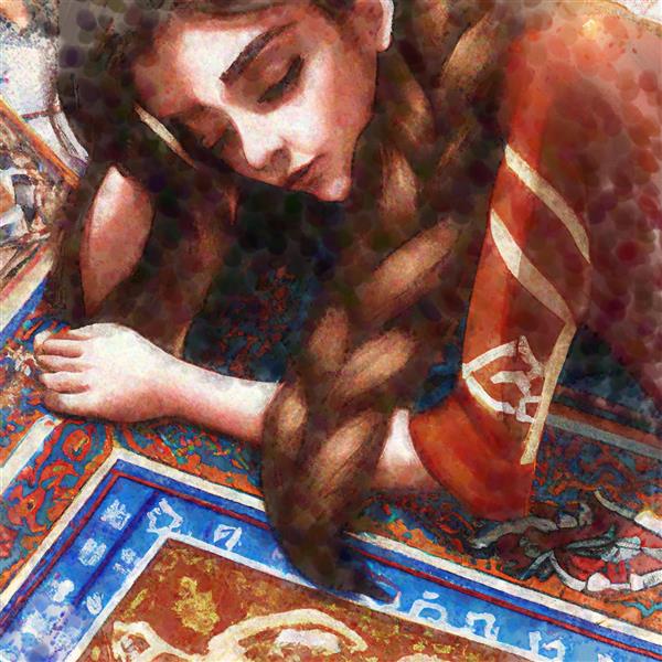 نقاشی دختر زیبای غمگین عاشق با چشمانی نافذ در انتظار بر روی فرش ایرانی