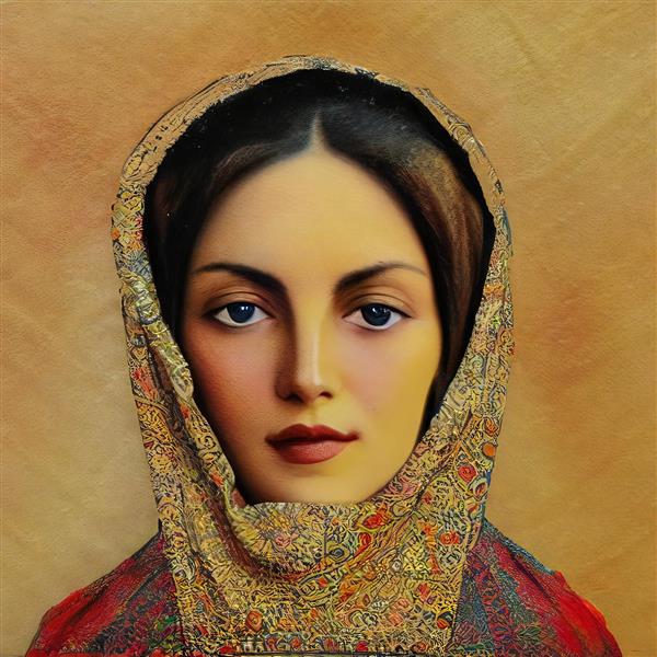 دختر زیبای عاشق غمگین با پشت زمینه طرح فرش ایرانی در انتظار عشق